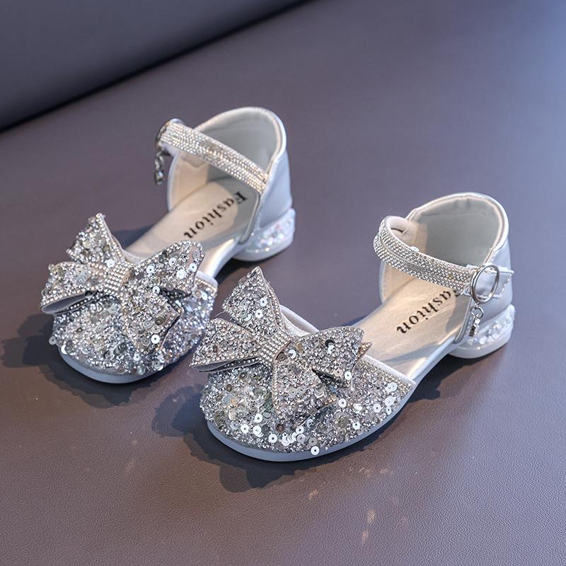 Children's Crystal Princess Shoes bow Tie stylish summer new girls' head-wrapped sandals small high heels performance shoes