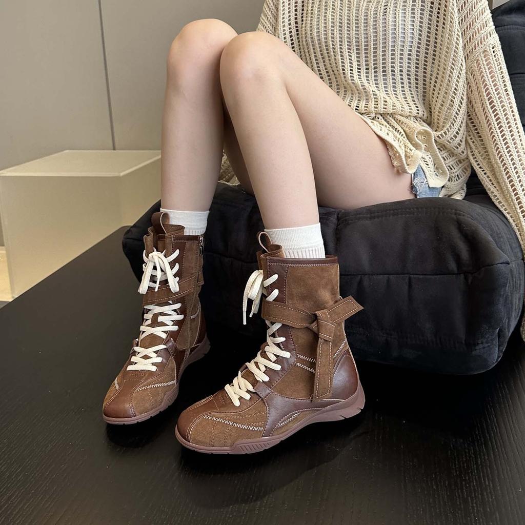 Vintage mjuka läderboxningsstövlar dam höst 2025 nya brittisk stil Martin-stövlar Maillard platå medelhöga stövlar