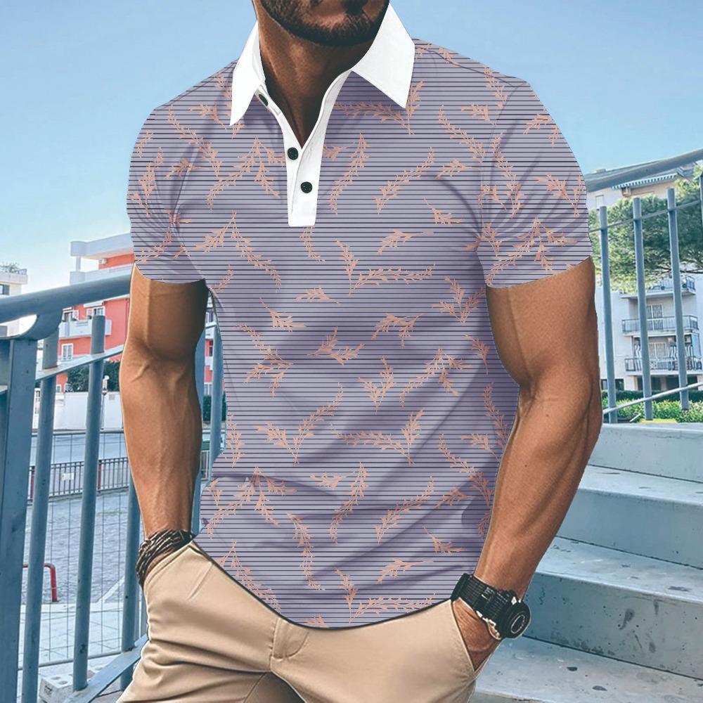 Summer European and American Men's New Striped Printed Lapel Short Sleeved Polo Shirt