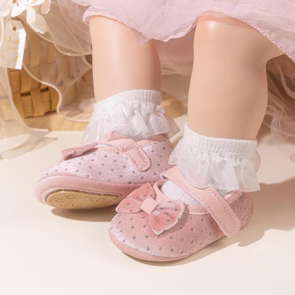 2025 Girls' Velvet Bow Princess Walker Shoes - Soft Sole, Korean Style