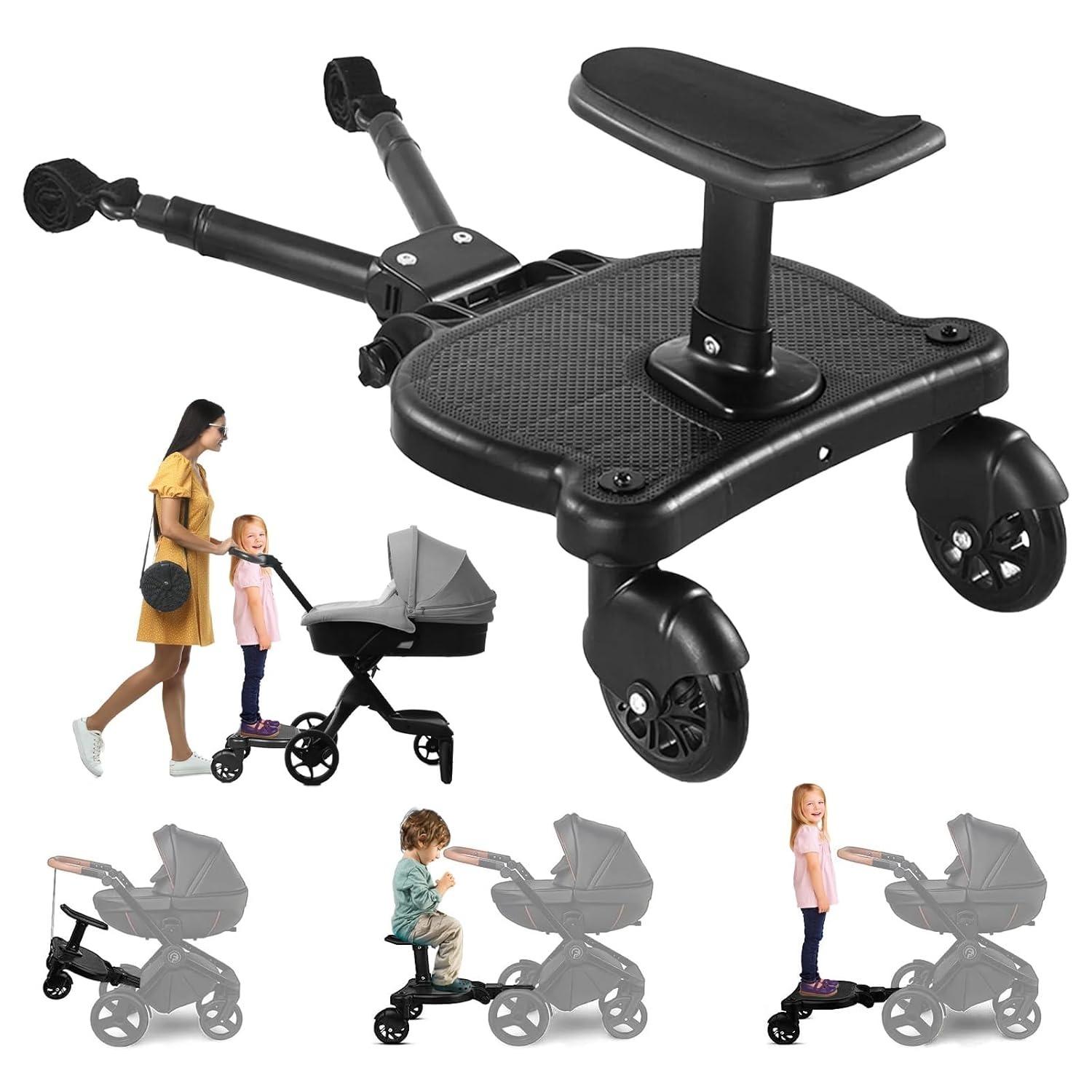 Universal Stroller Board with Detachable Seat, 2-in-1 Stroller Ride-On Board for Toddler, Fits Most Stroller Brands, Sit and Stand Stroller Attachment чёрный