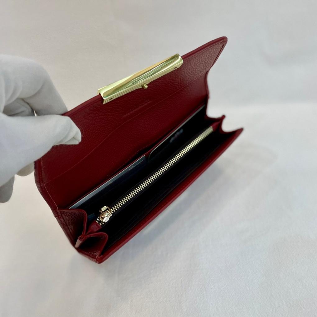 Women's Natural Cowhide Leather Double-Fold Long Wallet - AW9159 Red