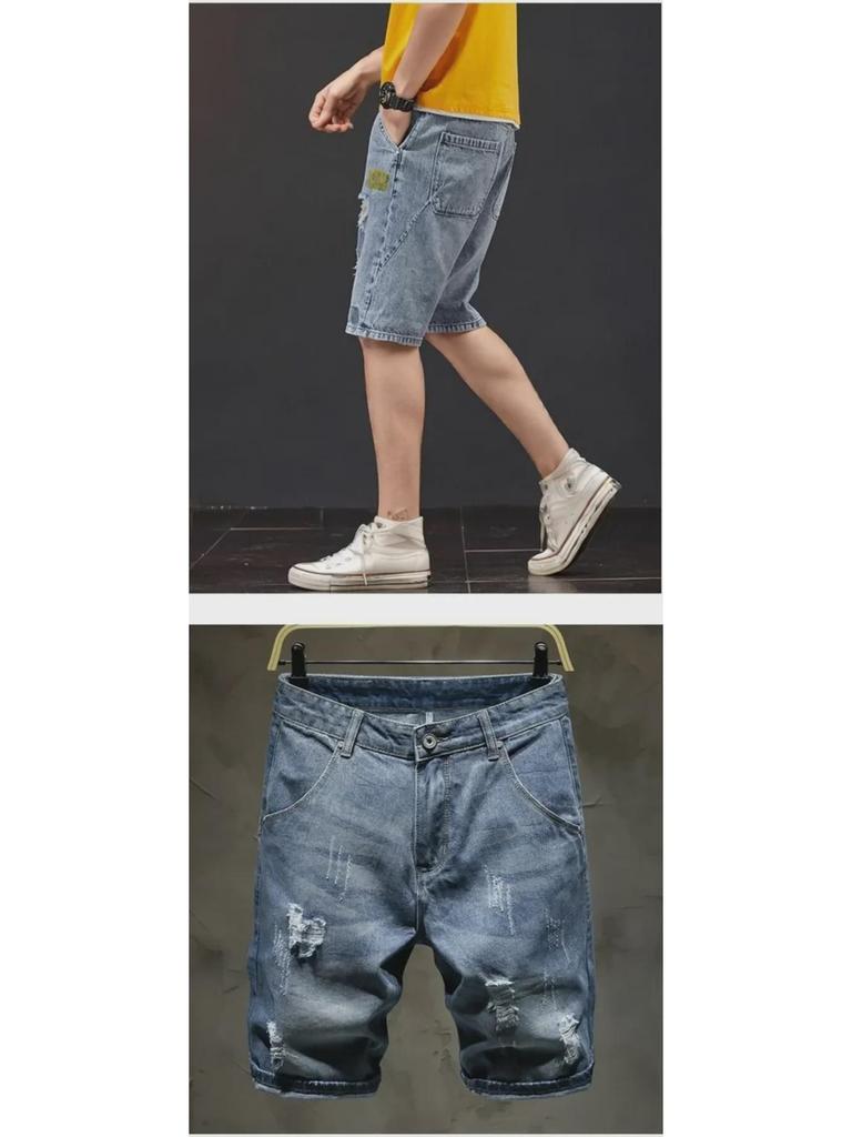 Boys' Slim Fit Light Blue Ripped Denim Shorts with Whisker Print