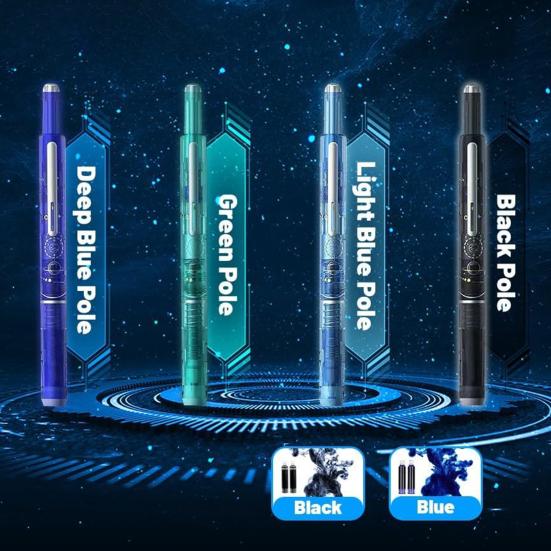 Retractable Fountain Pen Fine Nib Set 0.38mm Black/Blue Ink Transparent Barrel Pen with 5 Refillable Ink Cartridges for Sketching