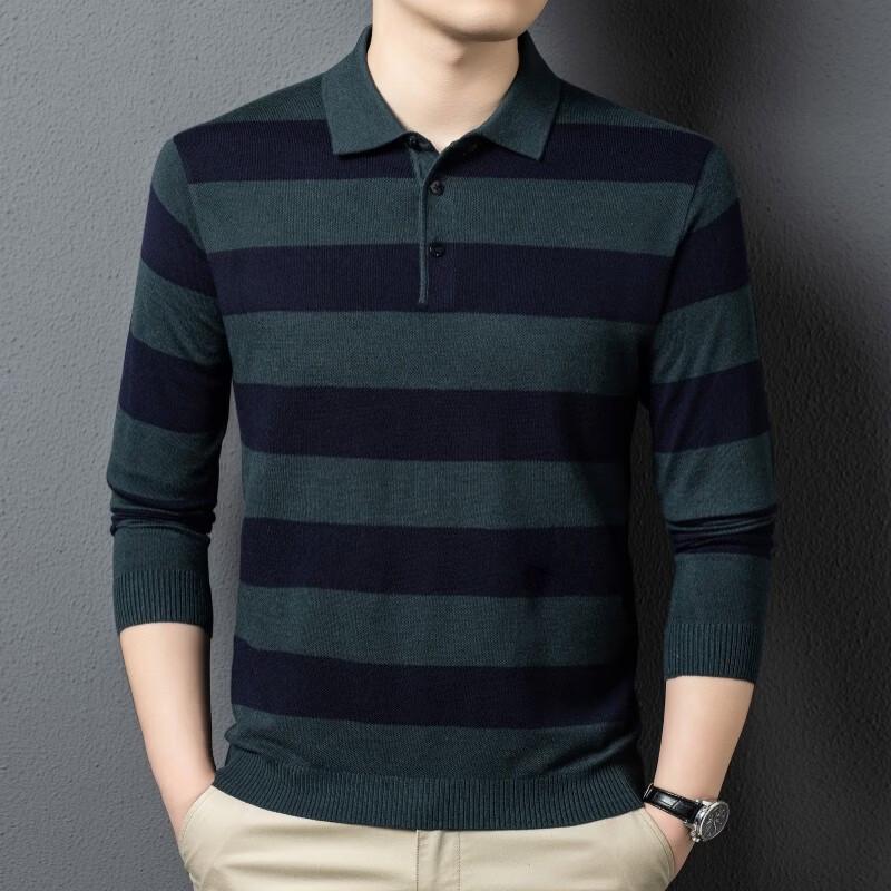 FENGMAO Men s Wool Blend Striped Polo Knit Shirt L