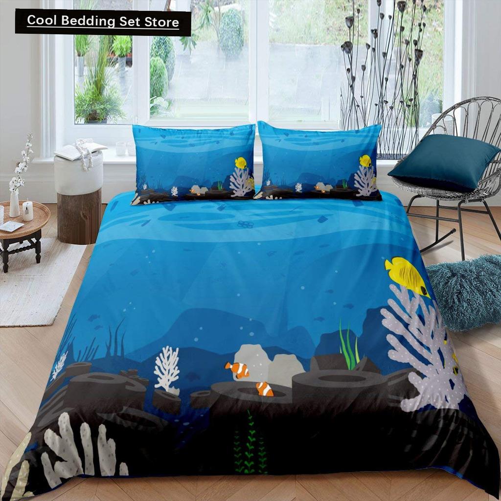 Kids Cartoon Ocean Animal King Queen Bedding Set Underwater World Duvet Cover Marine Life Quilt Cover Polyester Comforter Cover