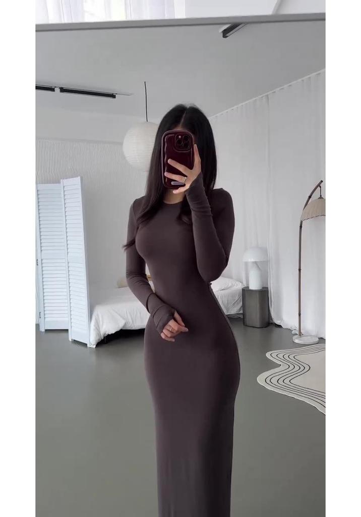 2025 Women's Autumn Sexy Bodycon High Waist Slimming Solid Color Long Dress