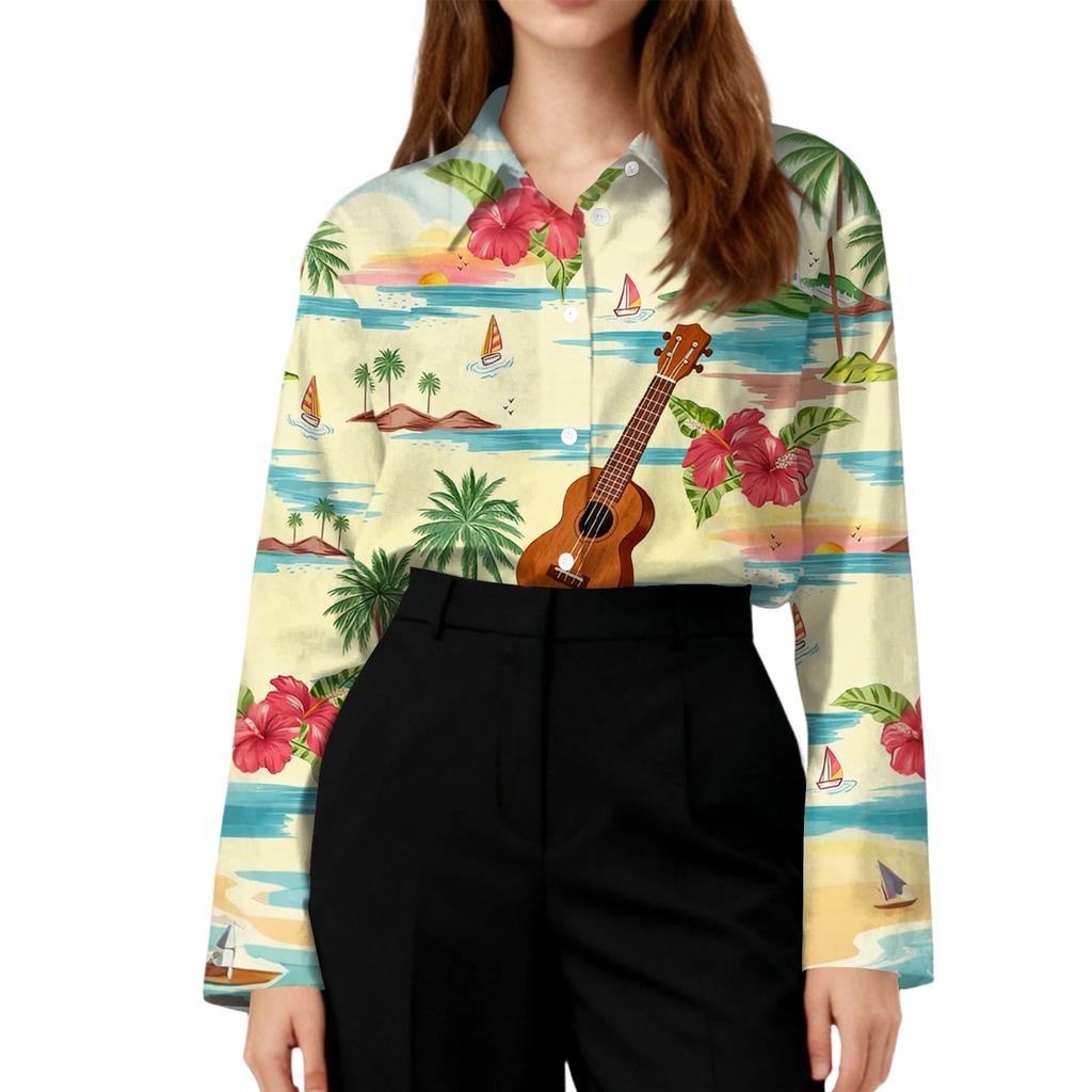 Women's Shirt Hawaii Print Button Up Long Sleeved Casual Regular Shirt With Collar Top