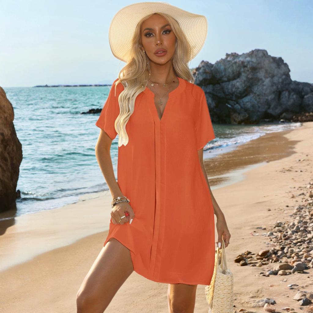 Fashionable Women's V-neck Casual Short Sleeved Swimming Summer Beach Cover Shirt