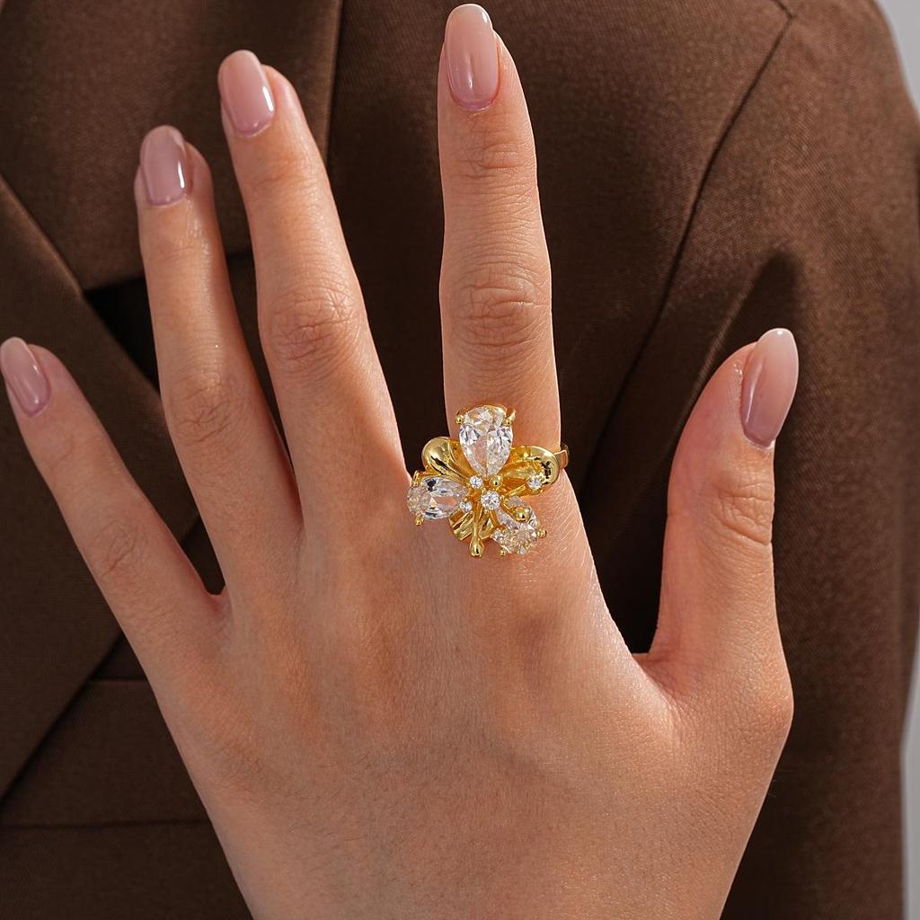 18k Gold Plated Zircon Flower Open Ring - Luxury European & American Style Index Finger Ring
