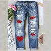 Jeans Dritti a Vita Media da Donna Vestibilità Larga Denim Usurato Senza Elasticità Pantaloni Rossi con Stampa di Lente a Forma di Cuore