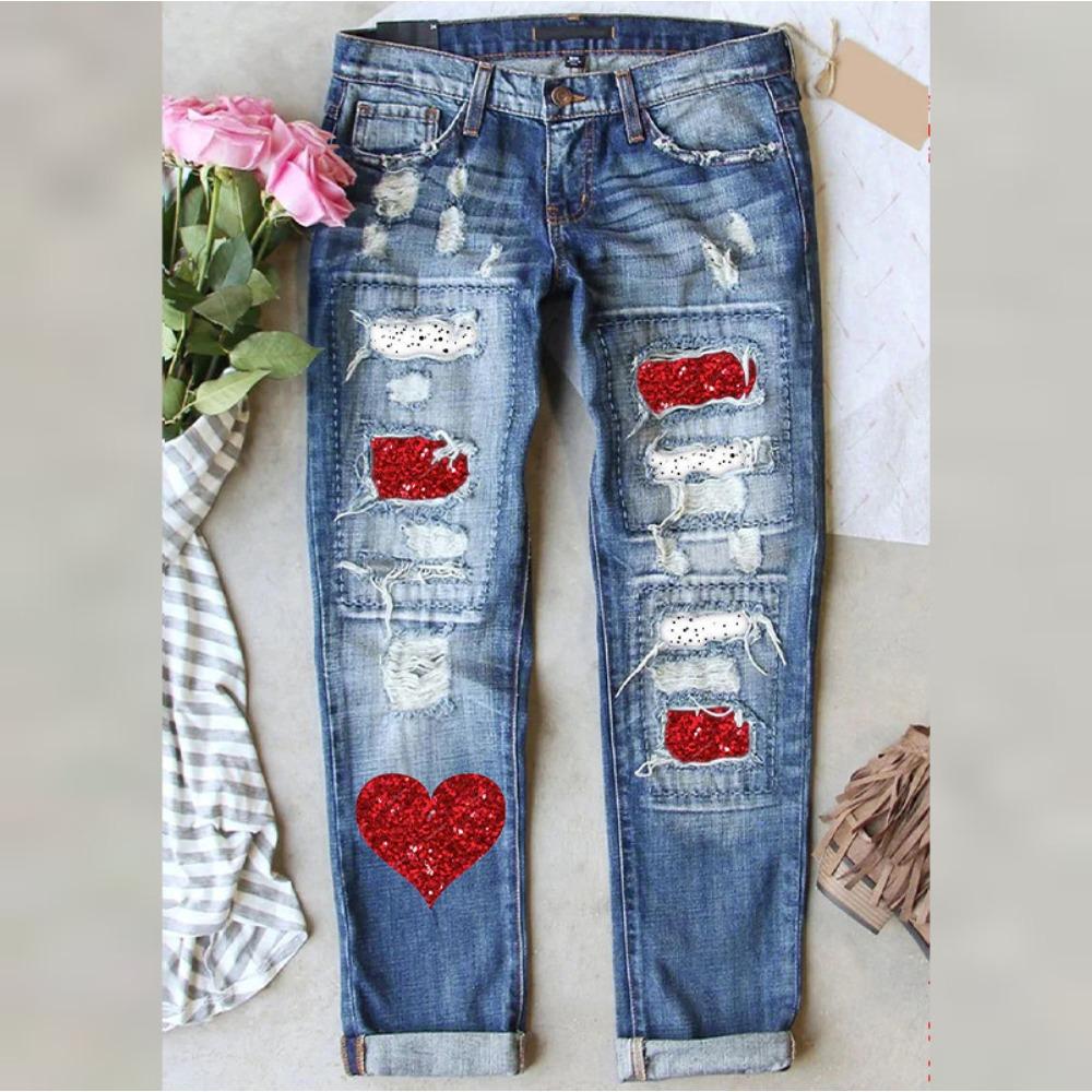 Jeans Dritti a Vita Media da Donna Vestibilità Larga Denim Usurato Senza Elasticità Pantaloni Rossi con Stampa di Lente a Forma di Cuore