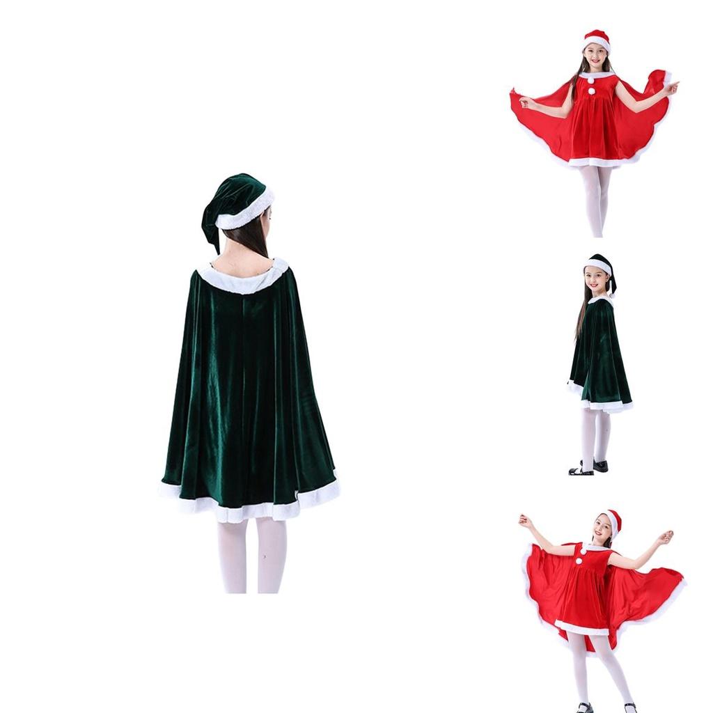 Adorable Toddler Girls Christmas Velvet Outfit With Cloak Cape Santa Claus Elf