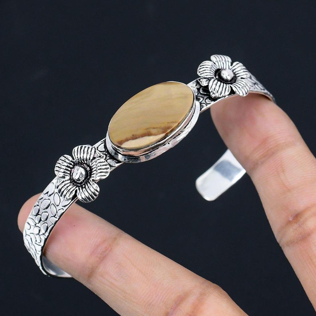 Natural Landscape Jasper Wedding Flower Handmade Bangle Bracelet Sterling Silver
