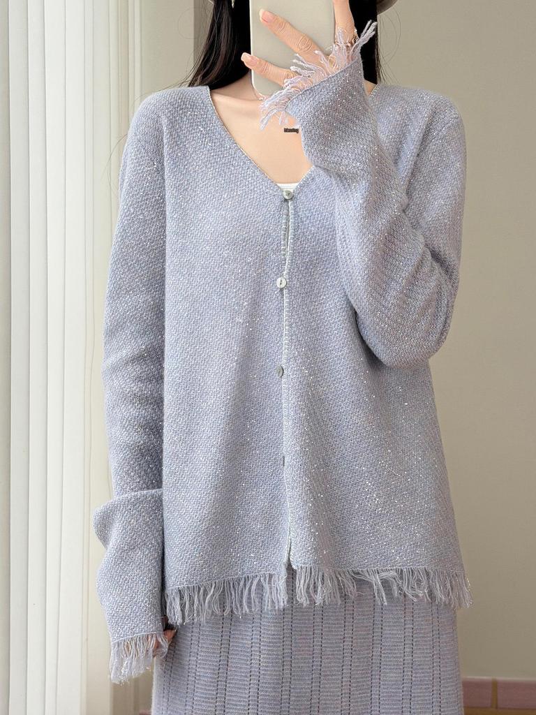 Elegant Lurex-Tassel V-Neck Pure Wool Cardigan: Women's Loose Slimming Knitwear Top