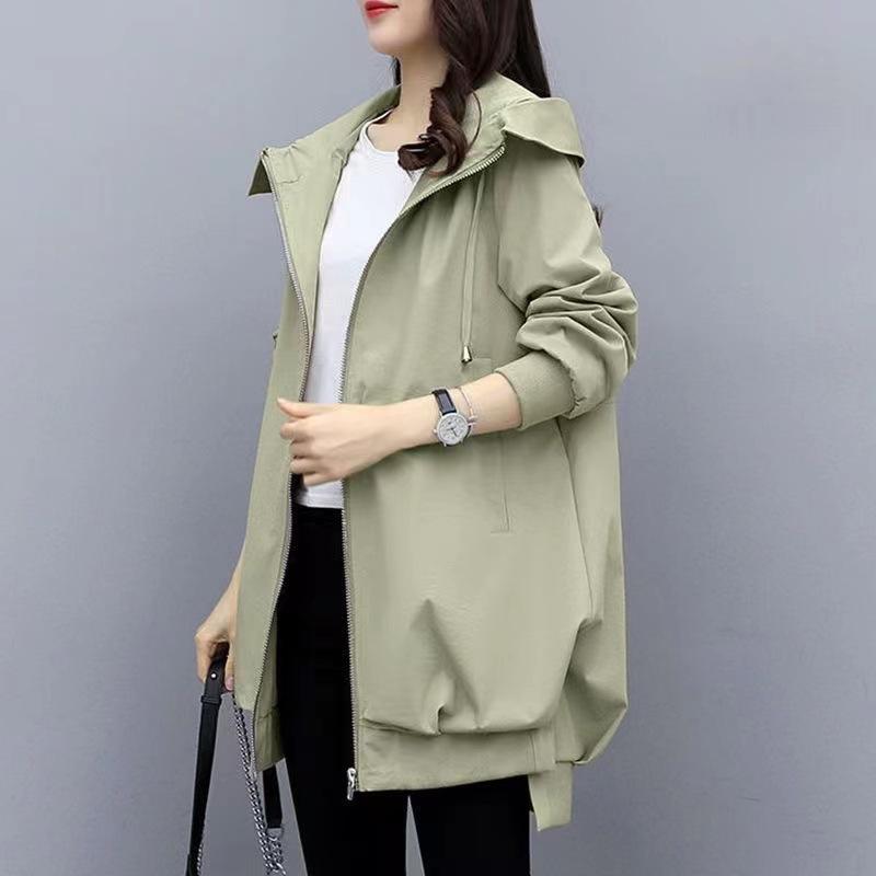 Spring and Autumn New Korean Version of Casual Temperament Khaki Thin Hooded Trench Coat Women's Coat