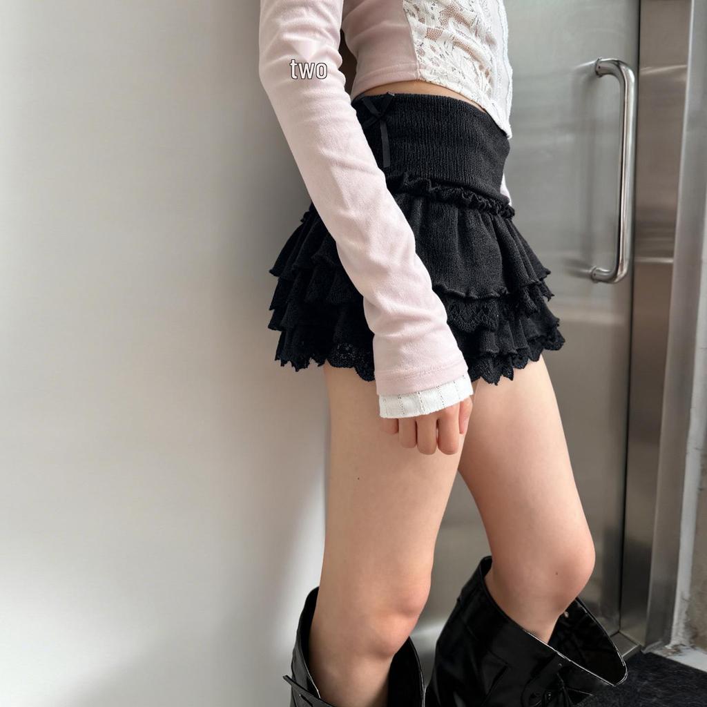 European & American Sweet Style Ruffle Patchwork Low-Waist Knit Skirt