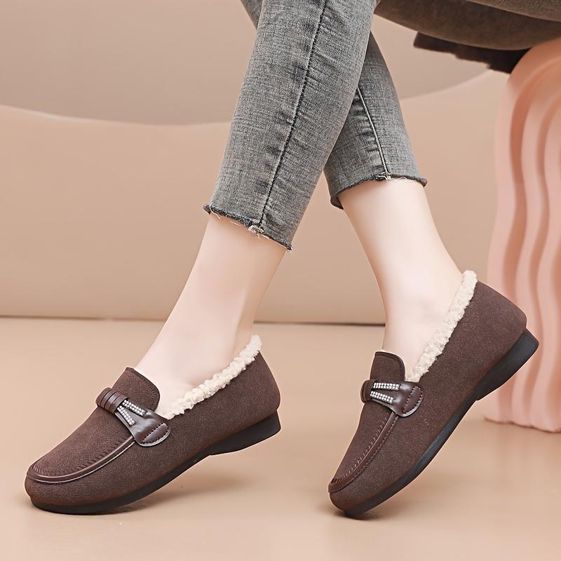 Women's Plush Lined Flat Shoes,Solid Colour Winter Warm Slippers,Warm Outdoor Flat Shoes