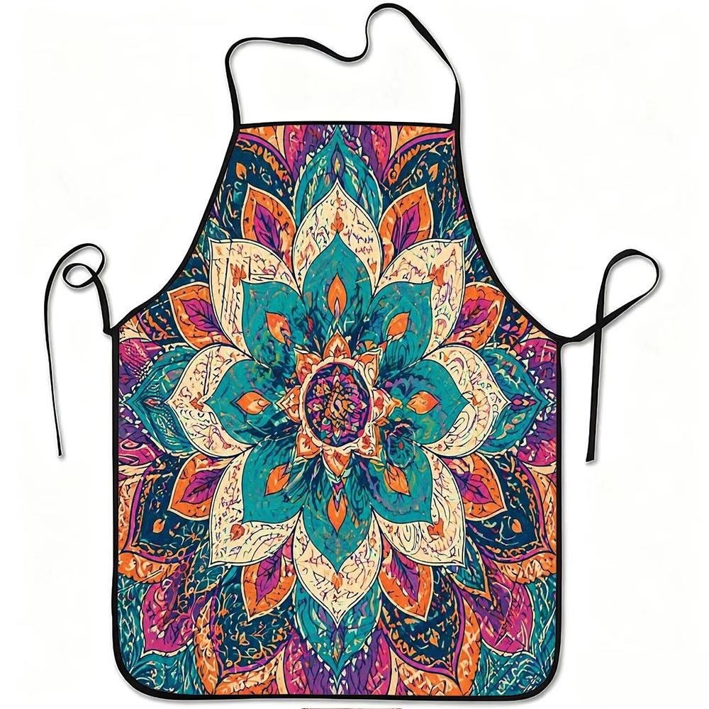 1pc 1pcs Colorful Mandala Floral Apron with Adjustable Waistband & Mandala Flower Print - Durable Easy-Clean Polyester Suitable for Kitchen Cooking, G