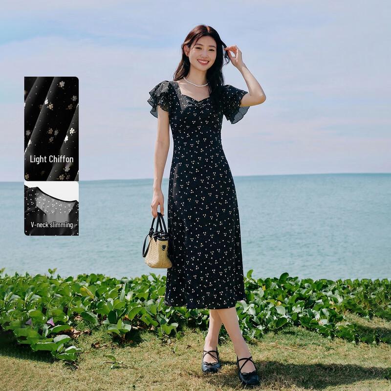 V-Neck Floral Chiffon A-Line Dress XL