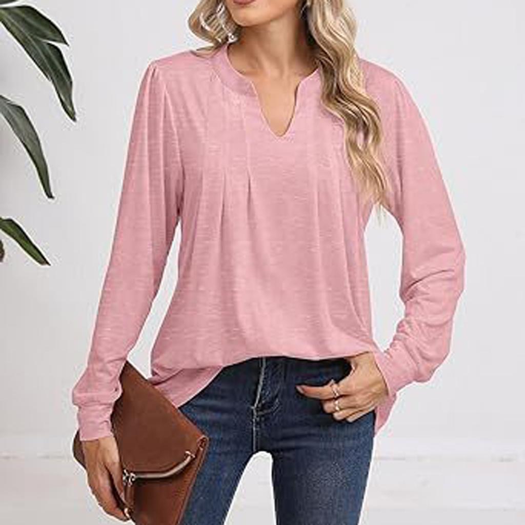 Women's Fashion Casual Long Sleeve Tops Solid Color V-Neck Tops