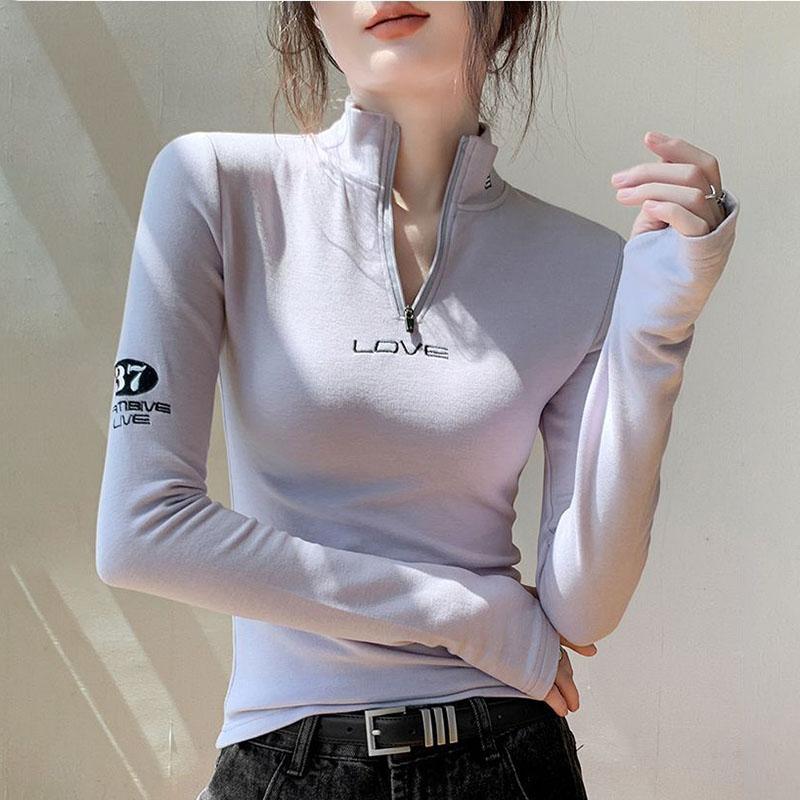 Women's Long-Sleeve T-Shirt Fall Sexy Slim Fit Stand Collar Zipper Double-Sided Fleece Base Shirt