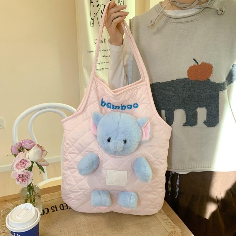 Cute Little Bear Doll Soft Nylon Tote Bag Shoulder Bag For Girls Daily Use