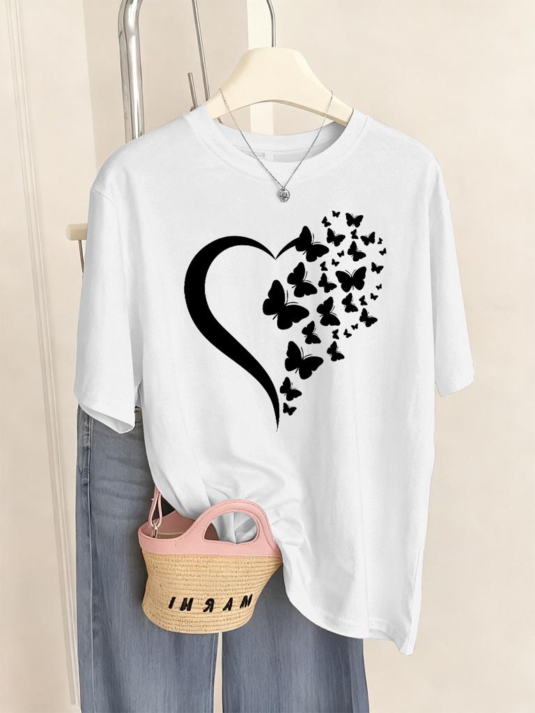 Butterfly Heart Printed T-Shirts Womens Casual Loose T Shirts O-Neck Soft Short Sleeve Tops Summer Comfortable Woman Clothes