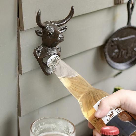 Yousheng Elk Cow Head Bottle Opener, Wall Mounted Beer Cap Remover, Rustic Iron Opener for Home Bar, Industrial Decor