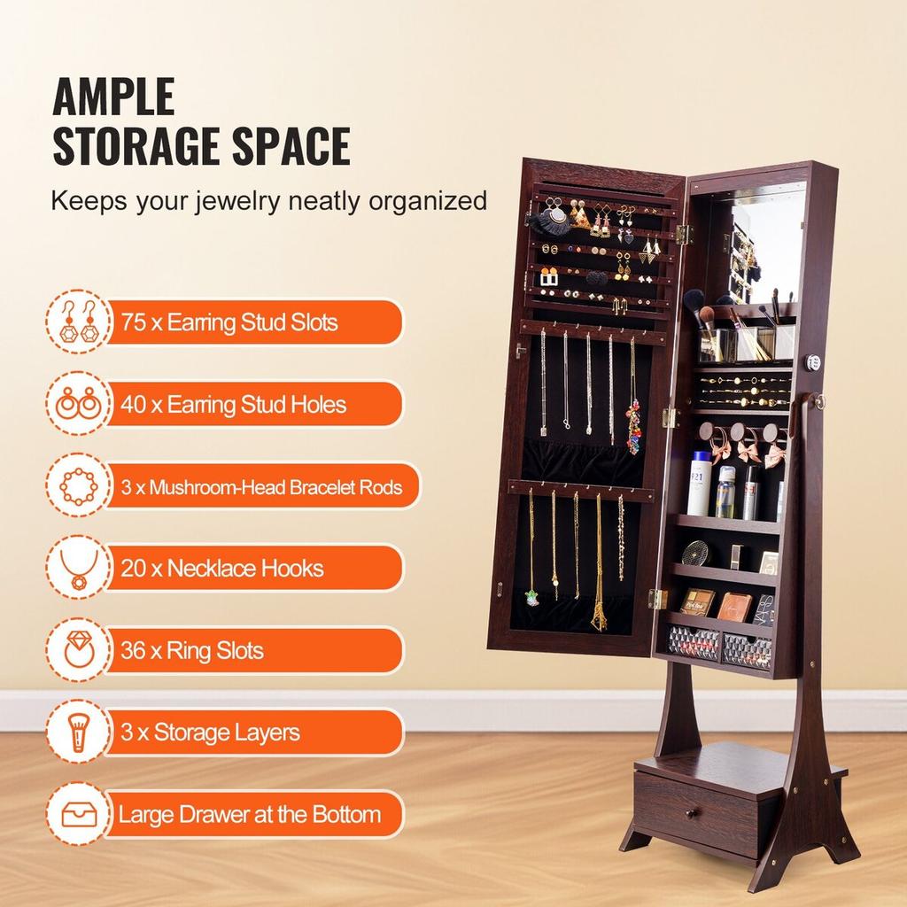 Mirror Jewelry Cabinet Standing Mirror with Storage Full Length Brown