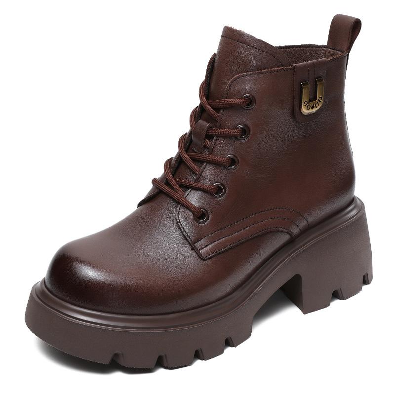 Leather Martin boots women's autumn and winter single boots 2026 new velvet thick heel platform short boots