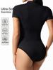 Seamless Ribbed Bodysuit with Stand-up Collar and Wide Shoulder, Sexy Back, Solid Color Jumpsuit