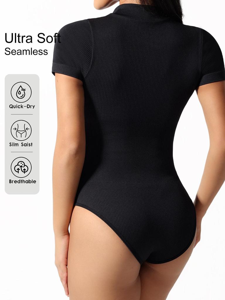 Seamless Ribbed Bodysuit with Stand-up Collar and Wide Shoulder, Sexy Back, Solid Color Jumpsuit