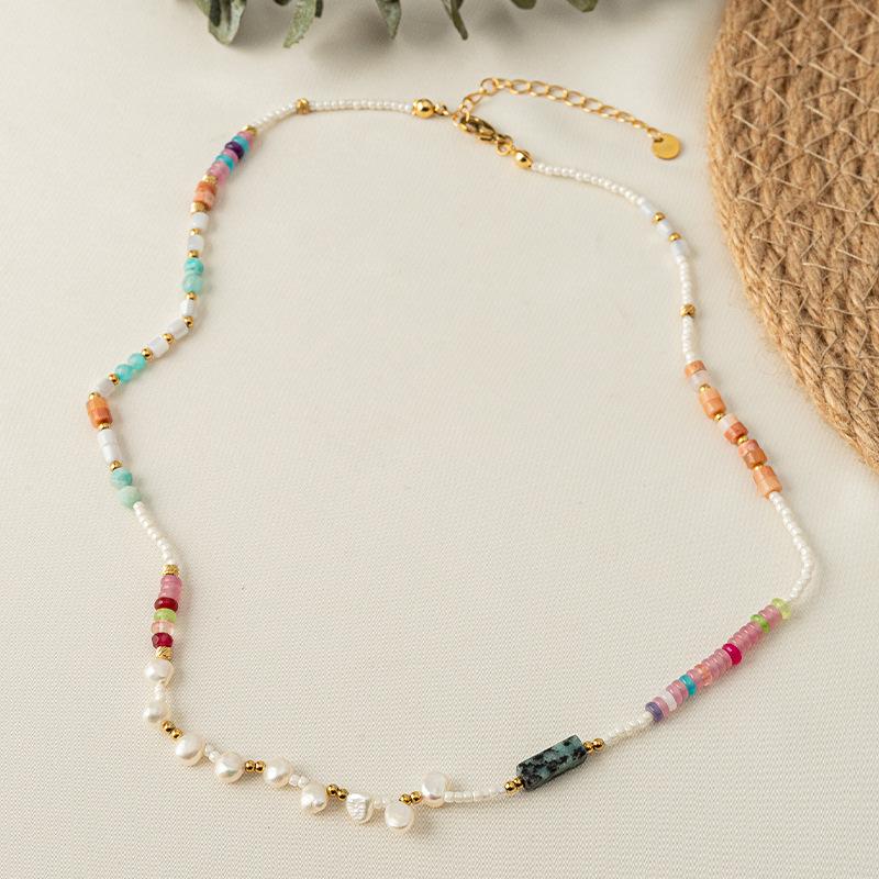 GEMCHIC Women's Bohemian Style Natural Stone and Pearl Beaded Necklace with Gold Plated Stainless Steel Chain