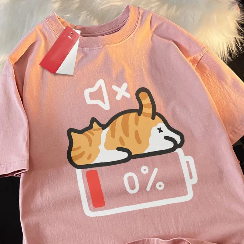

Retro Style Cat Printing Loose Shortsleeved Tshirt with Summer Round Neck TopLarge Size Universal Large Size XL