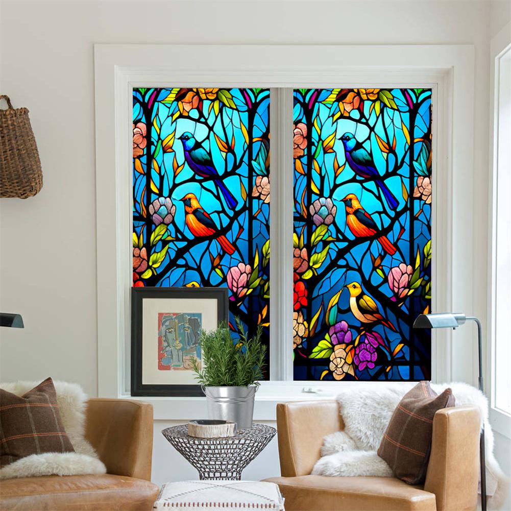 Flori colorate, păsări, vitralii, film neadeziv, blocare UV, izolare termică, aderență statică decorativă
