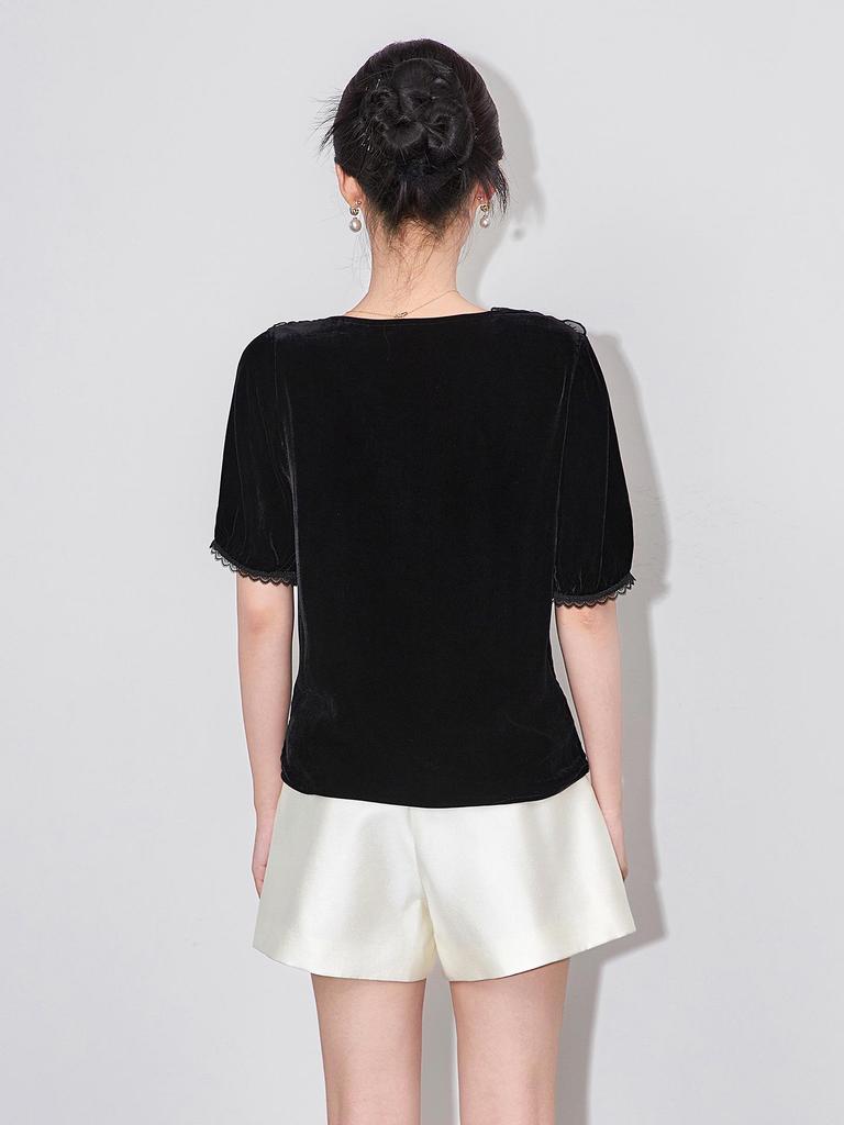 Wysokiej jakości jedwabny aksamitny top z kwiatowym haftem i koralikami, z krótkim rękawem i okrągłym dekoltem - Letnia elegancja dla kobiet