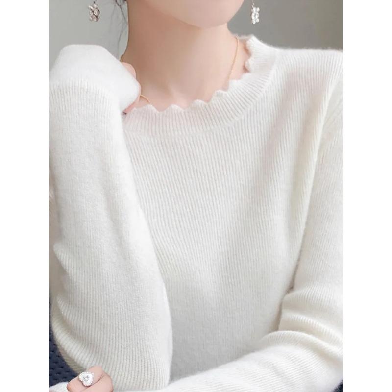 

2025 осень зима кружевной трикотажный базовый свитер с круглым вырезом женский повседневный облегающий свитер с длинным рукавом внутренний топ нежные свитера One Size