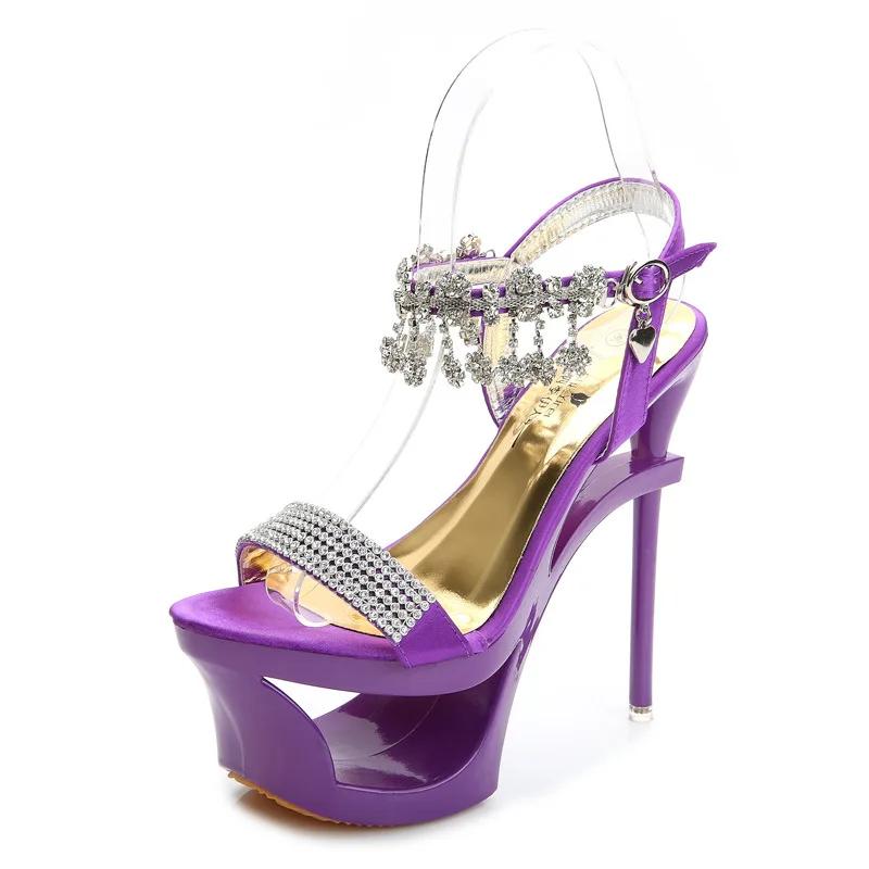 Fashion Summer New Sandals Fashion Season Tide Platform Super High Heels 15cm High Nightclub Sexy Rhinestone Stiletto Slippers
