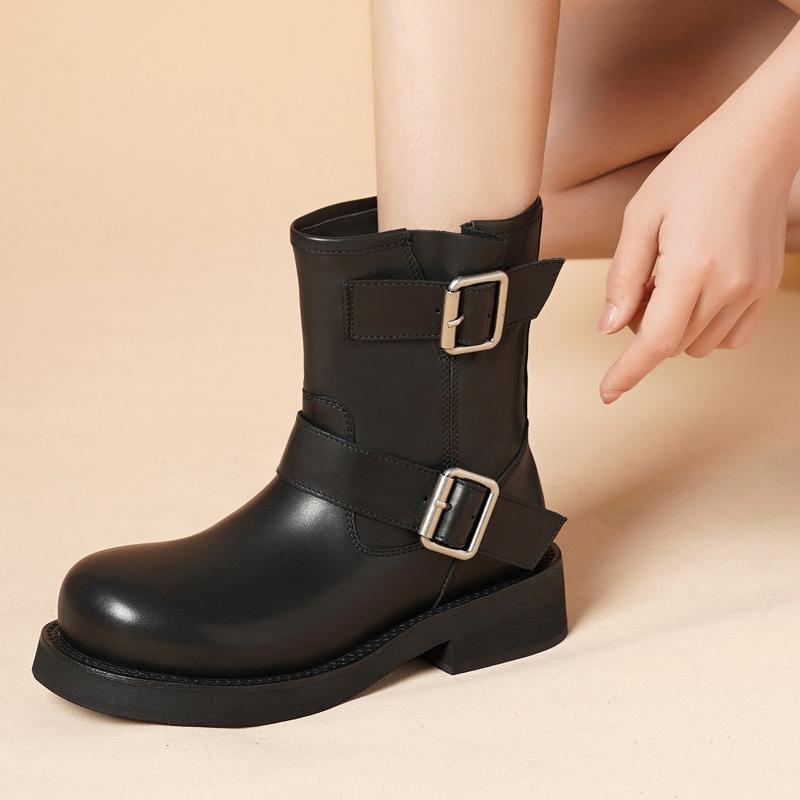 2025 Leather Thick-soled Heightening Martin Boots Women's Medium Tube Thick-soled Versatile Retro Style Short Boots Platform Shoes Versatile