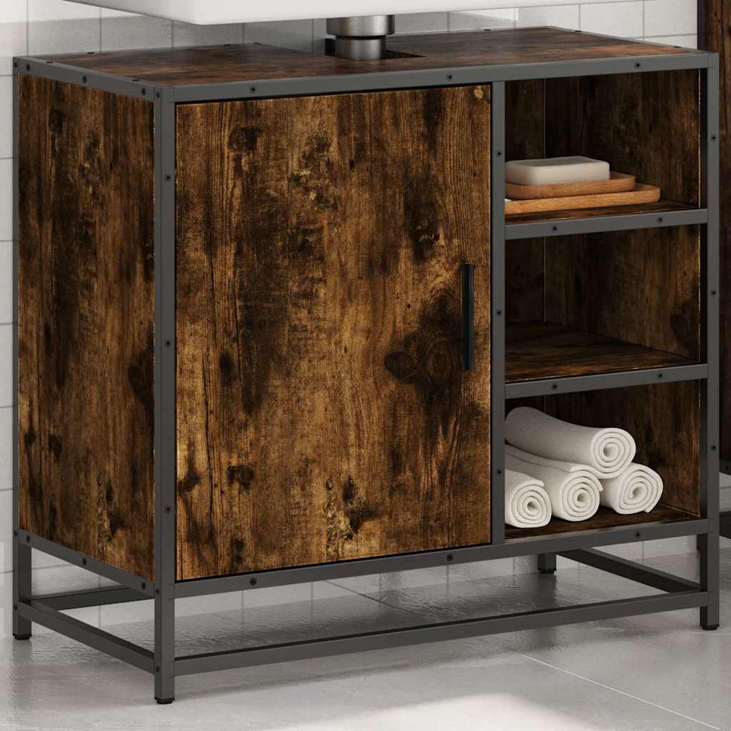 Bathroom Vanity Unit In Smoked Oak Finish 65 X 33 X 60 Cm Engineered Wood