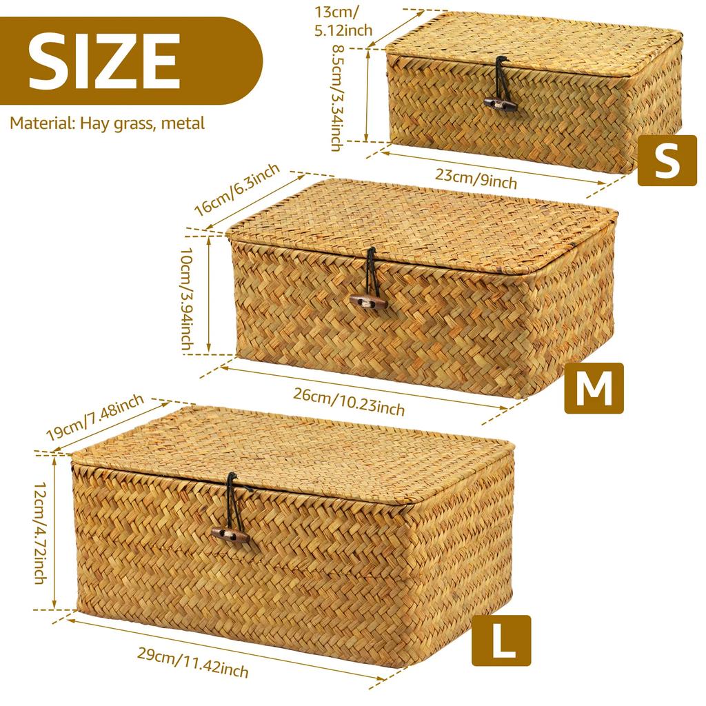 3Pcs Natural Storage Basket with Lid Stackable Large Seagrass Basket Organizer Bins For Home Kitchen Grocery Storage Container