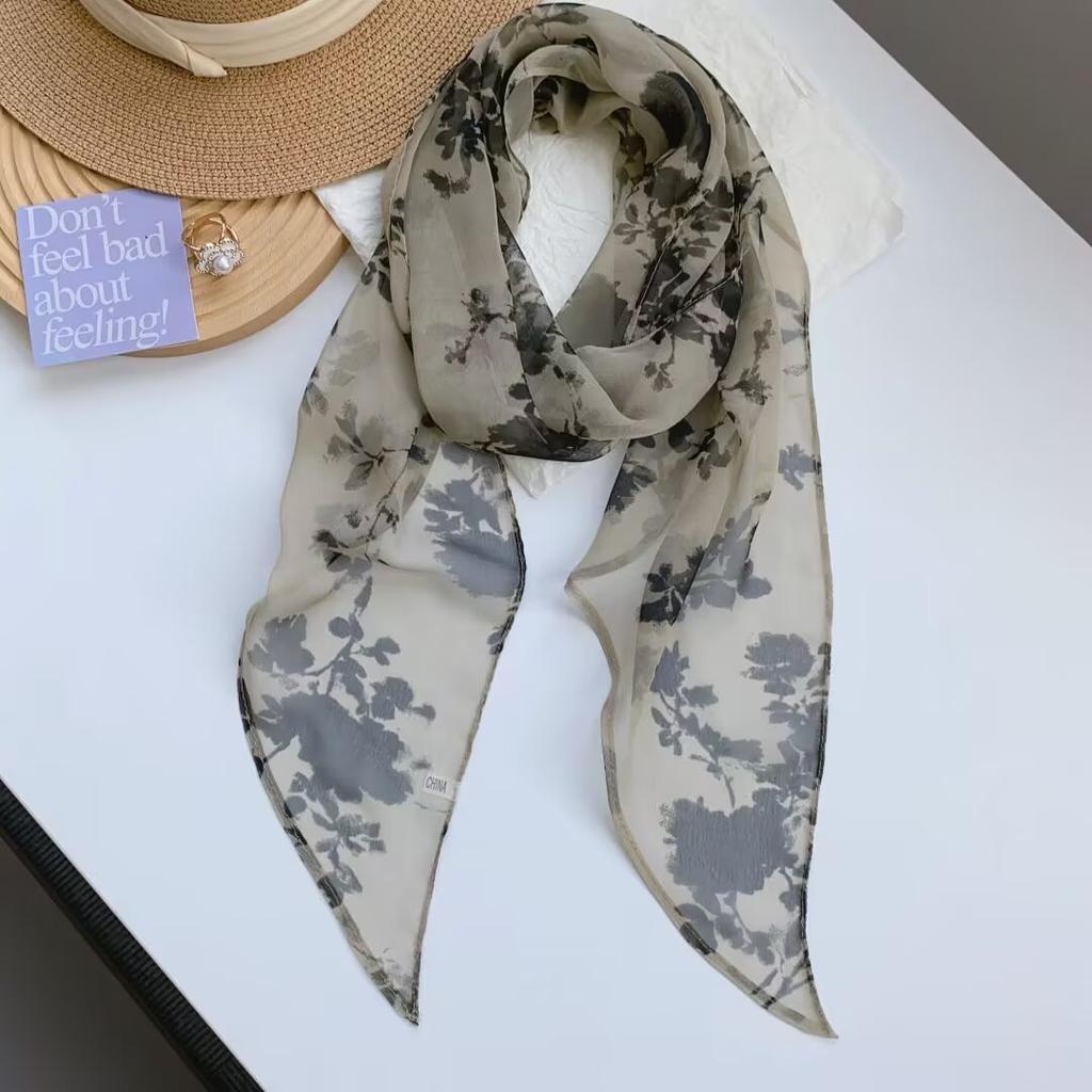 Chinese retro light branch light shadow multi-functional silk scarf women's workplace commuter shawl spring and summer light scarf wear streamer