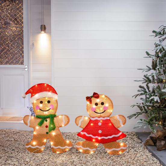 2 Pcs Christmas Gingerbread Man Yard Sign Lighted Gingerbread Boy And Girl Sign with Stake for Outdoor Lawn Patio Garden Decor
