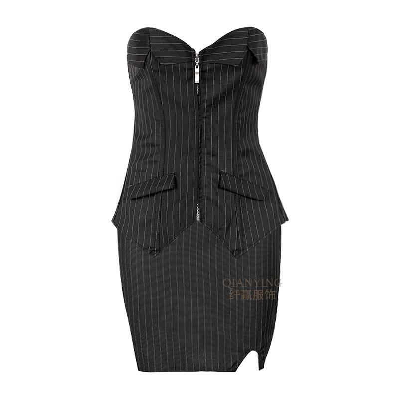 Women Striped Zipper Fishbone Waist Cincher Shaping Corset Shapewear Set
