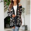 BITCED Autumn/Winter Women's Diamond-Patterned Oversized Knitted Cardigan Jacquard Mid-Length Sweater Coat