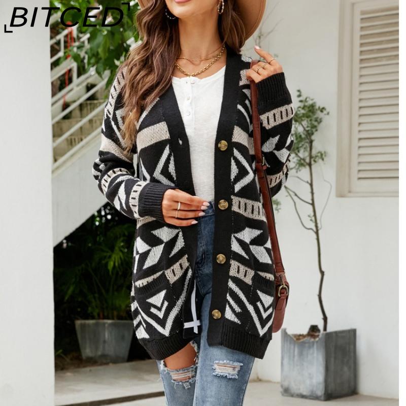 BITCED Autumn/Winter Women's Diamond-Patterned Oversized Knitted Cardigan Jacquard Mid-Length Sweater Coat