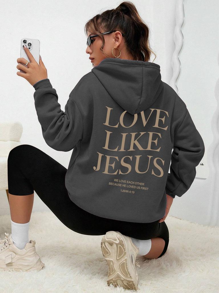 Love Like Jesus Simple Letter Printed Hoodie Women Warm Fleece Hoody Fashion Casual Hooded Autumn Loose Round Neck Woman Clothes