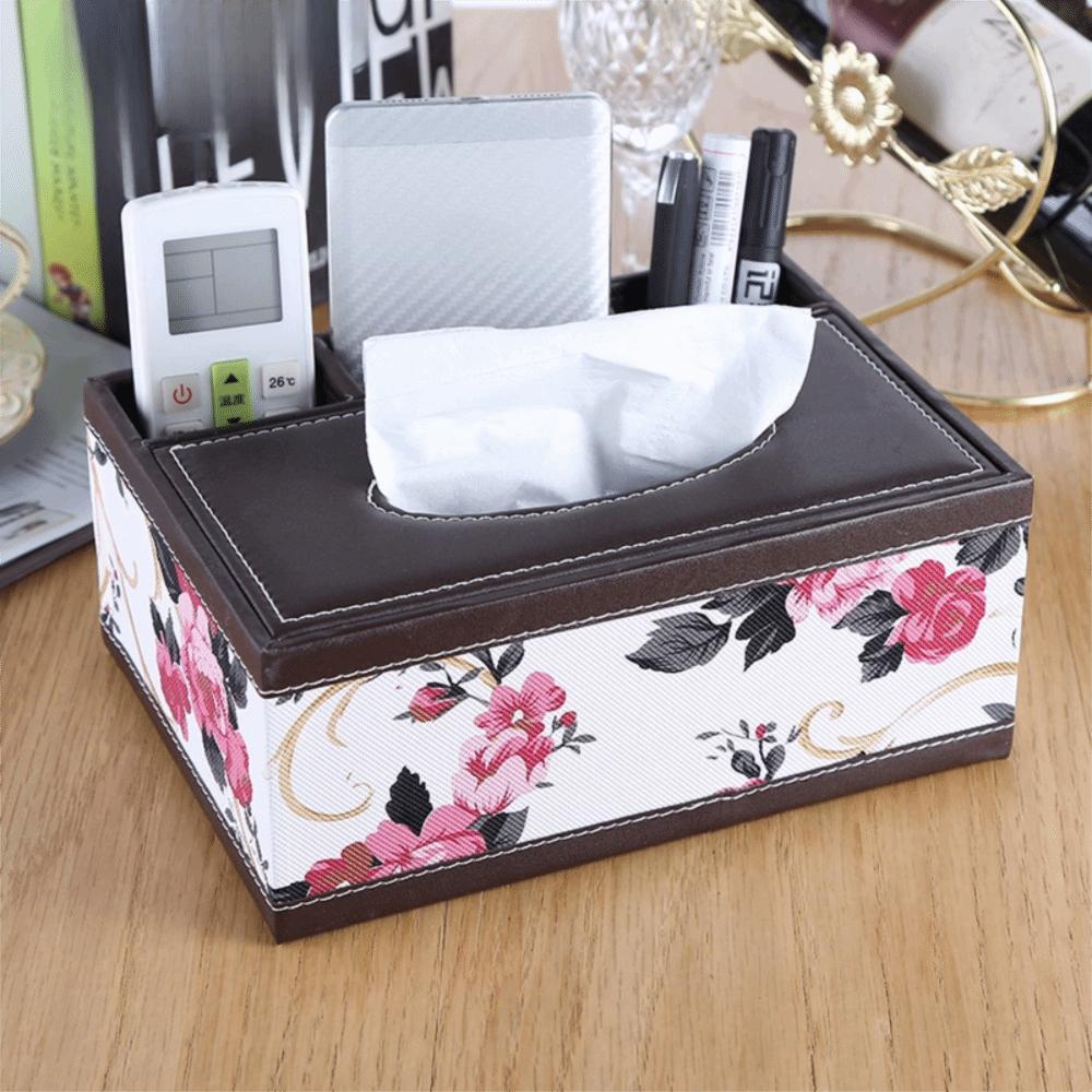 Artificial Leather Multi-functional Tissue Box Anti-moisture 4 Grid Tissue Storage Box Rectangular Tissue Paper Dispenser