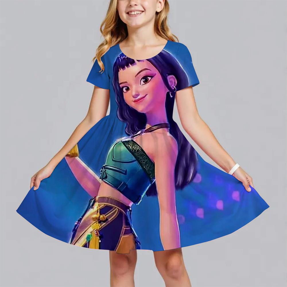 

Summer New Girl s Huntrix Kpop Demon Hunters Dress Retro Literary Short-Sleeved Pleated Dresses Children s Clothing 150